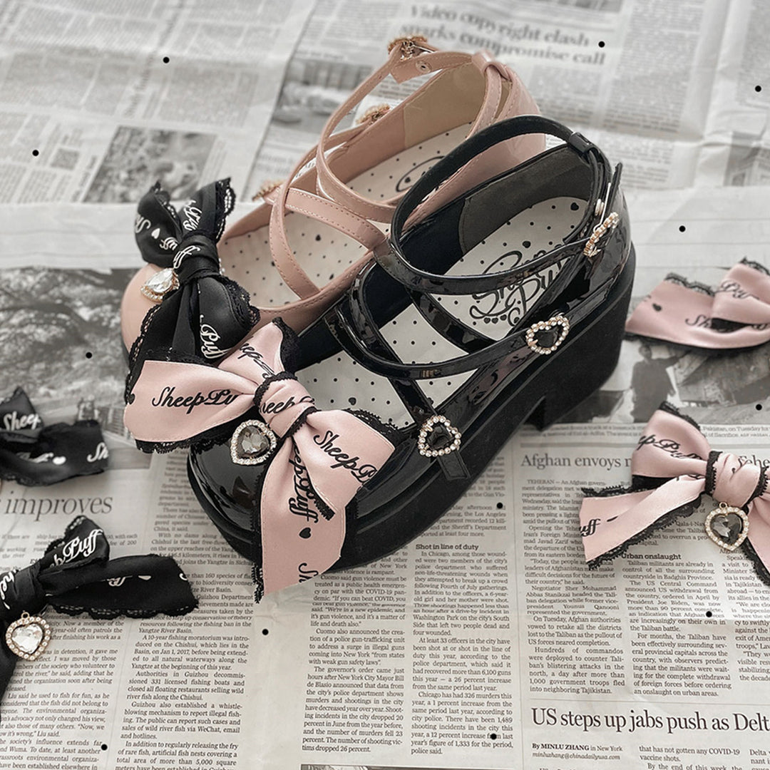 Sheep Puff~Black Pink Japanese Lolita Thick Heel Shoes