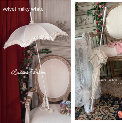 Handmade European Style Vintage Flounce Lolita Parasol Multicolors pagoda-shape velvet milky white 