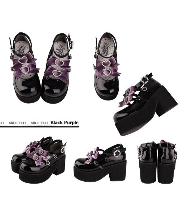 Sheep Puff - Sweet Lolita Heel Punk Platform Shoes 34 black-purple