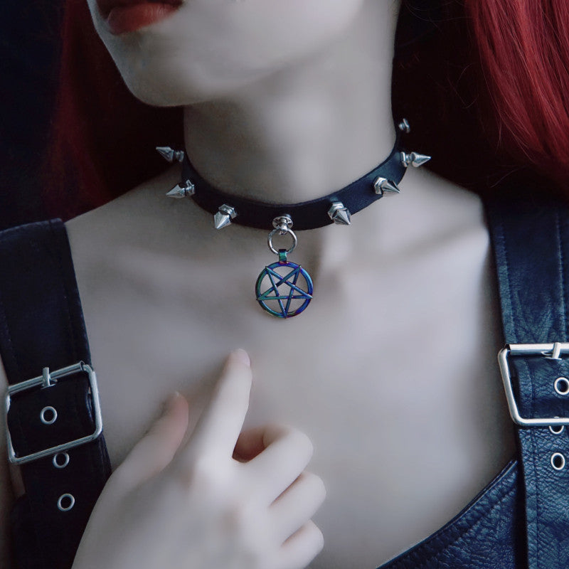 Strange Sugar~Gothic Lolita Cross Leather Choker No.5 laser pentagram  