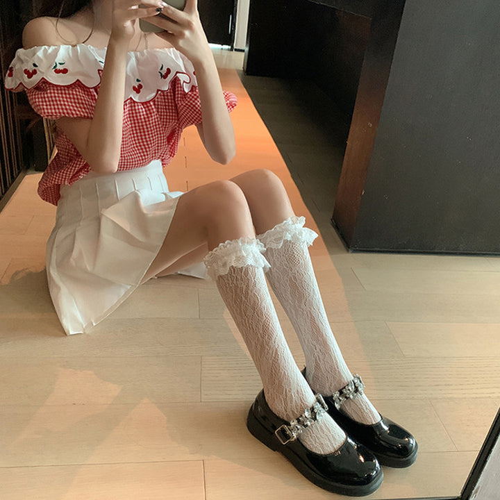 Qianyu~White Lolita Socks Black Lace Calf Socks   