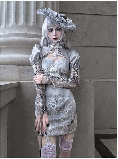 Blood Supply~Rose Funeral~Grey Tie-dyed Lace Lolita Dress   