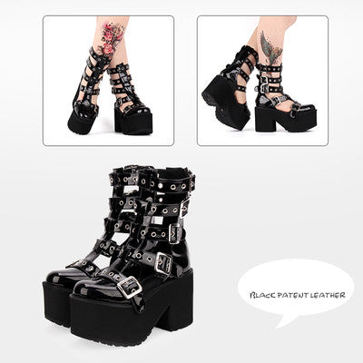 Angelic Imprint ~ Gothic Lolita Punk Platform Boots Sandals 34 black leather 