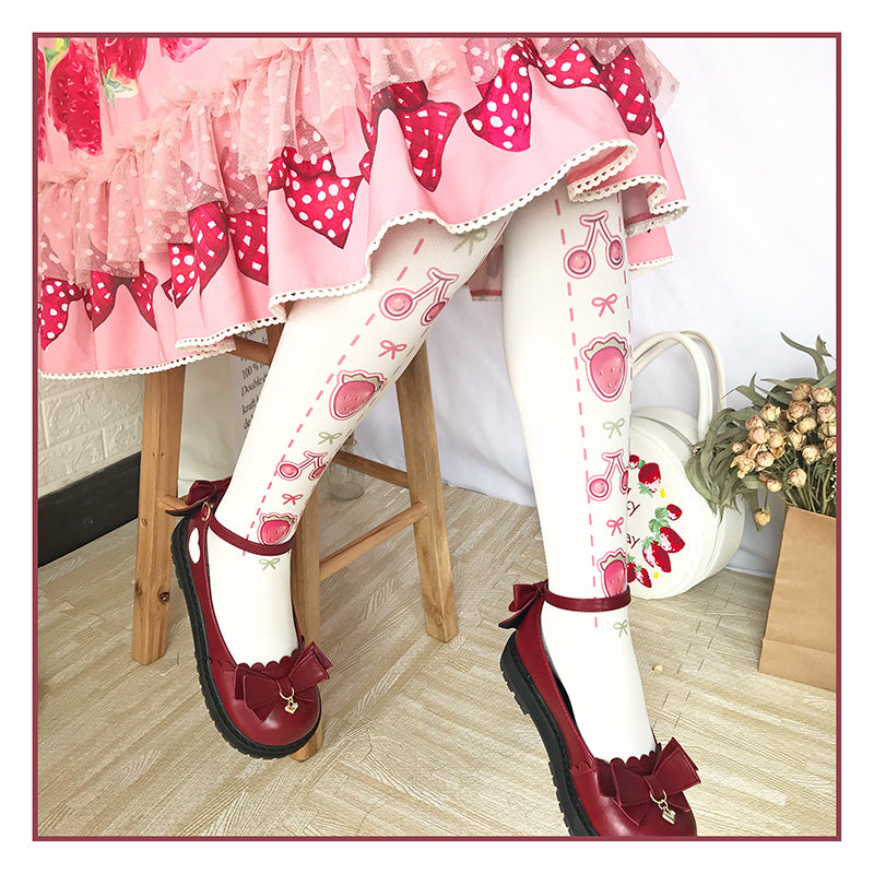 Roji roji~Sweet Strawberry Cherry 120D Lolita Tights free size white 