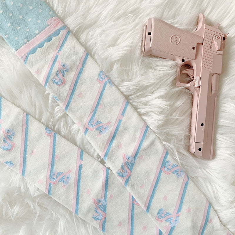 Roji roji~Little Candy Cotton Lolita Knee Socks free size narrow blue-pink stripe 