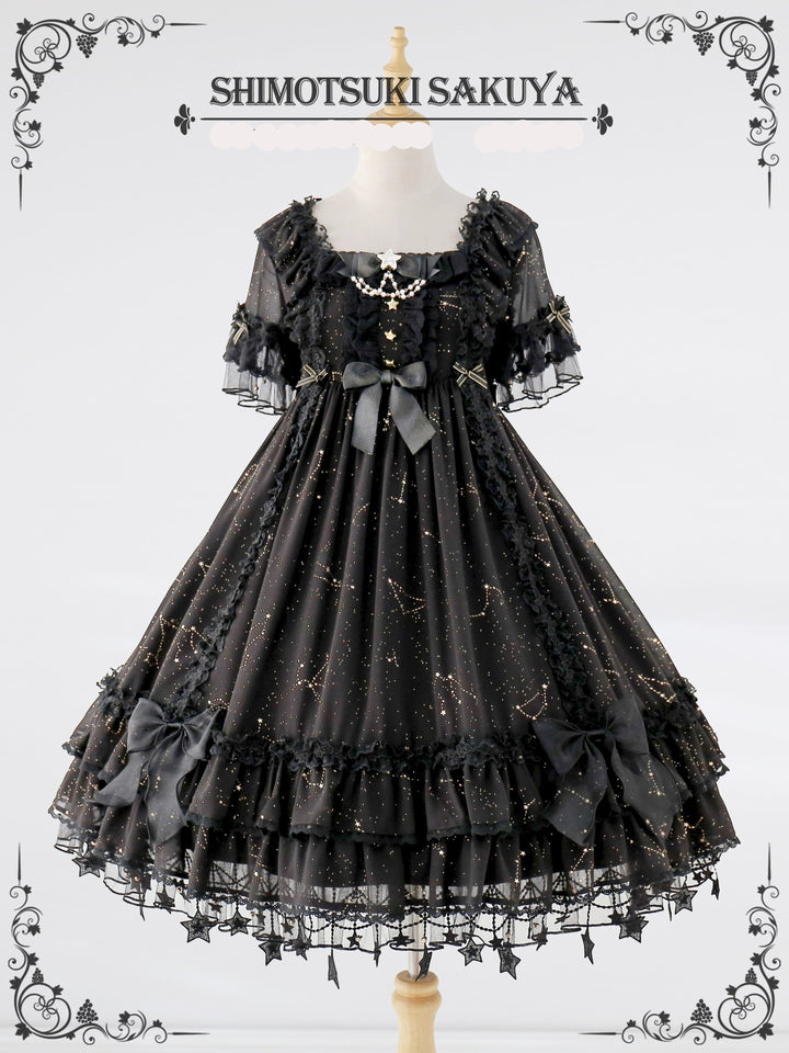 Sakuya Lolita~Whisper of Stars~Vintage Lolita OP Dress Constellation-themed Black Lolita Dress S black OP only (with round brooch instead of star brooch) 