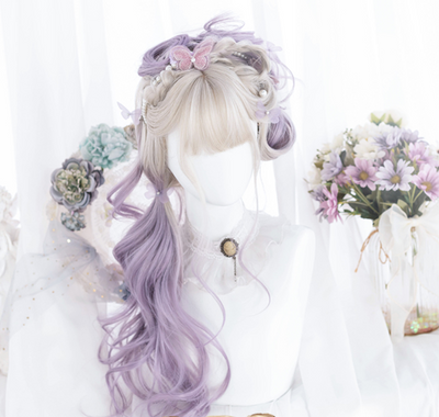 Hengji~65cm Long Curly Blonde Purple Gradient Wavy Wig purple  
