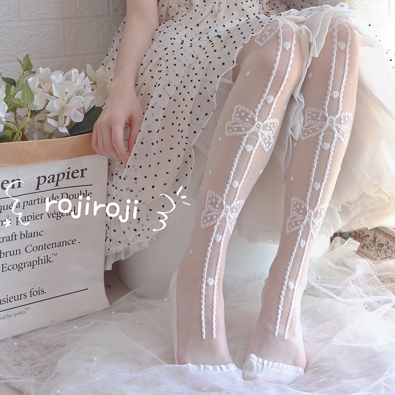 Roji Roji~Summer Lolita Over-the-Knee Socks Super Thin Sweet Bow Lolita Tights free size white 