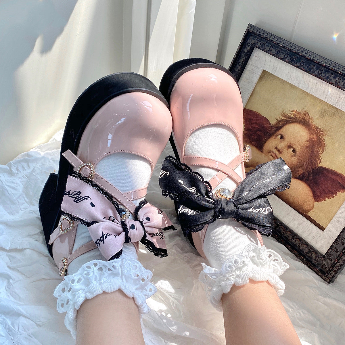 Sheep Puff~Black Pink Japanese Lolita Thick Heel Shoes 34 pink 