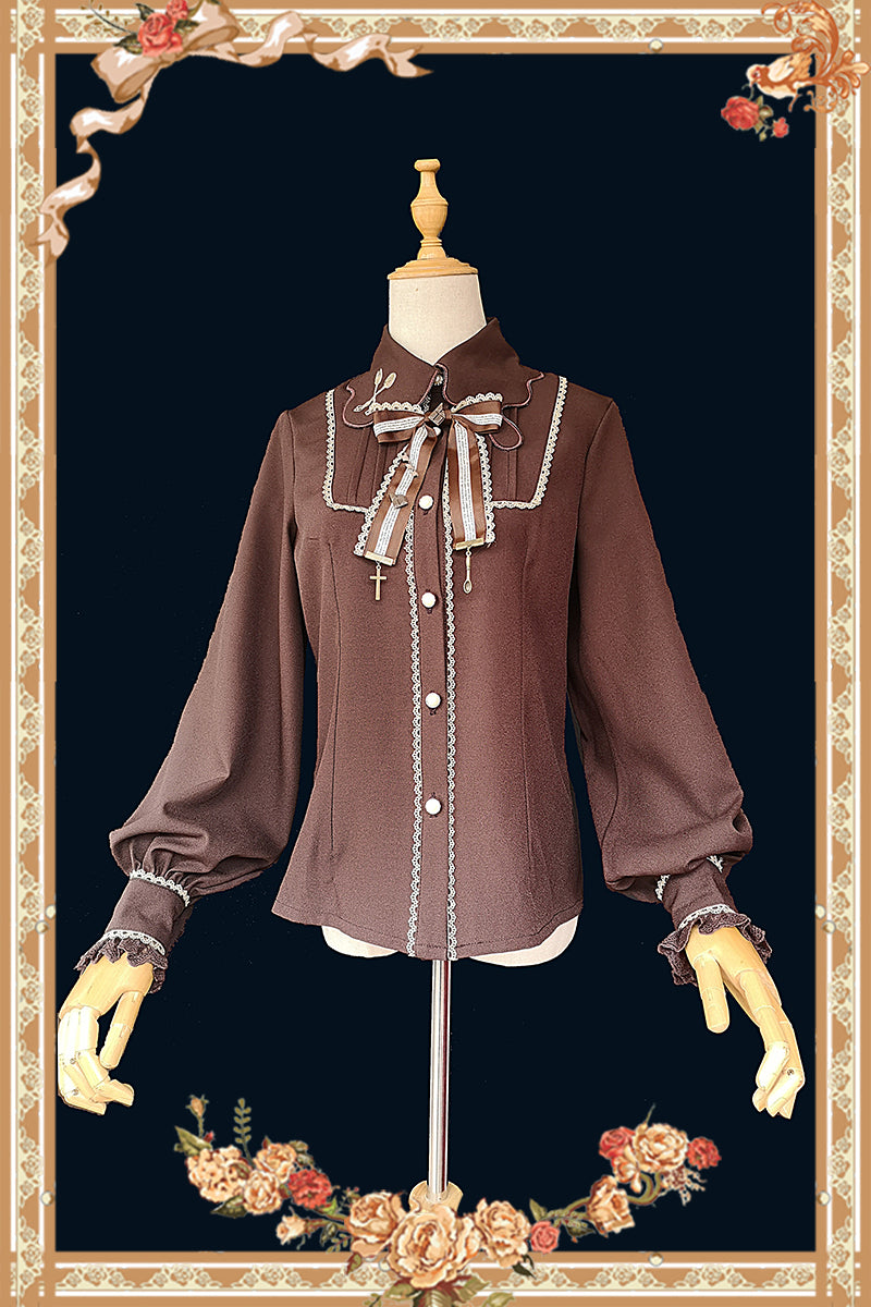 Infanta - Elegant Lolita Embroidery Lapel Blouse S chocolate-thin version