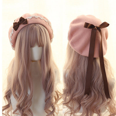 Xiaogui~Japanese Style Sweet Woolen Lolita Lace Beret coffee bow (pink hat)  