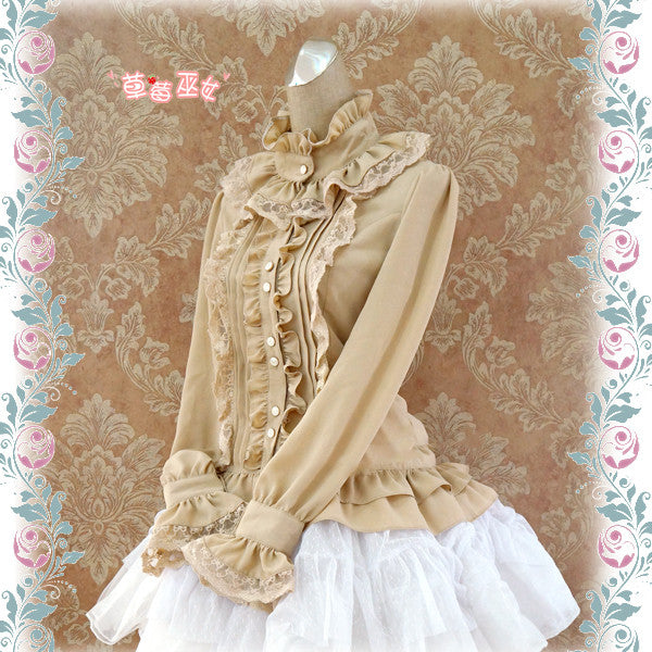 Strawberry Witch~Stand Coallr Silk Retro Lolita Blouse S khaki 