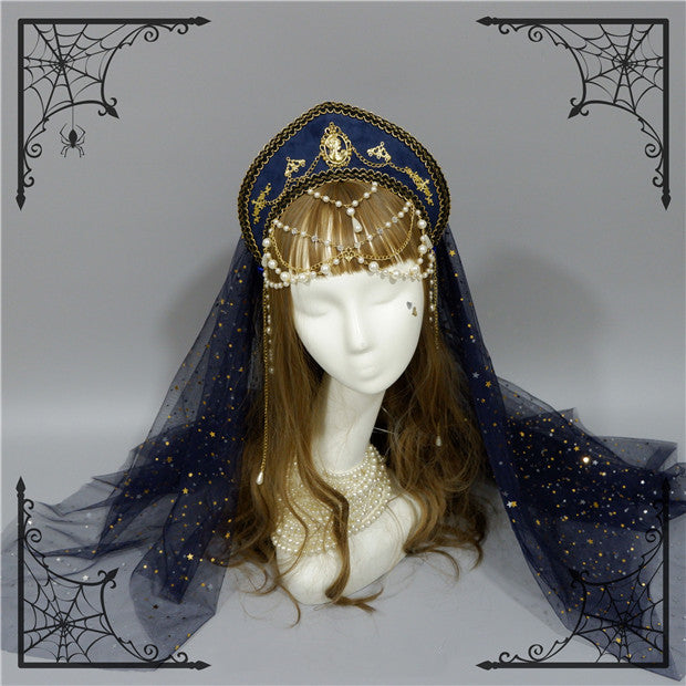 Foxcherry - Retro Lolita Gorgeous Bead Chain Headdress Multicolors dark blue veil (not sold separately)