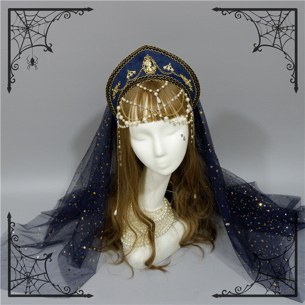 Foxcherry~Retro Lolita Gorgeous Bead Chain Headdress Multicolors dark blue veil  