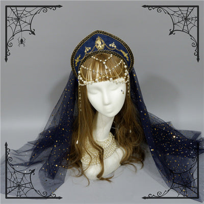 Foxcherry-Palace Retro Gorgeous Bead Chain Headdress Multicolors free size dark blue veil 