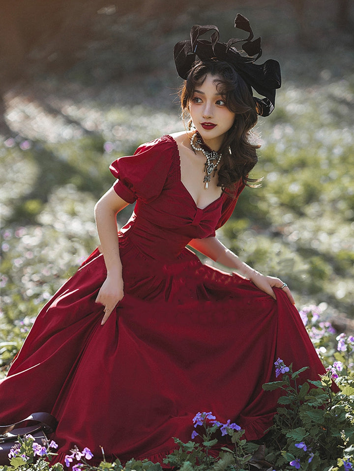 Beleganty~Miss Rebecca~Pure Color Elegant Lolita OP Dress In stock satin wine red-long version in S size 