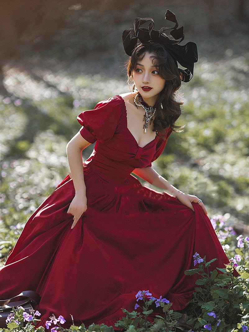 Beleganty - Miss Rebecca - Pure Color Elegant Lolita OP Dress In stock satin wine red-long version in S size
