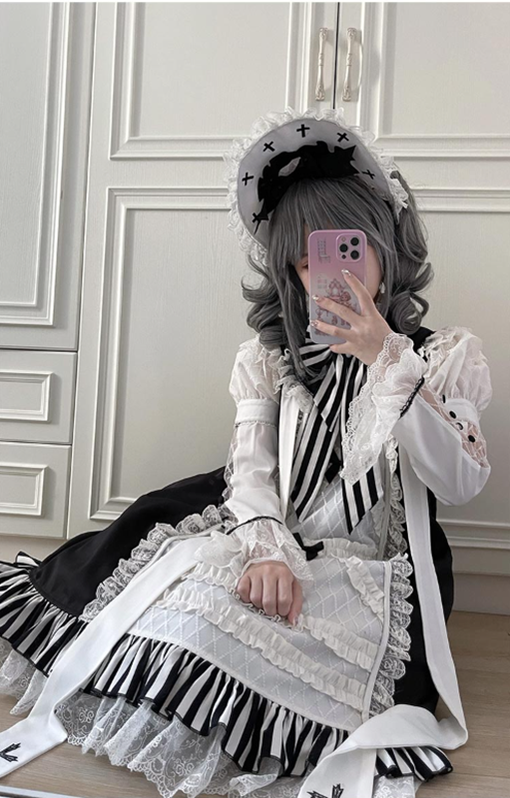 CastleToo~Holy College Magician~Gothic Lolita Black and White OP   