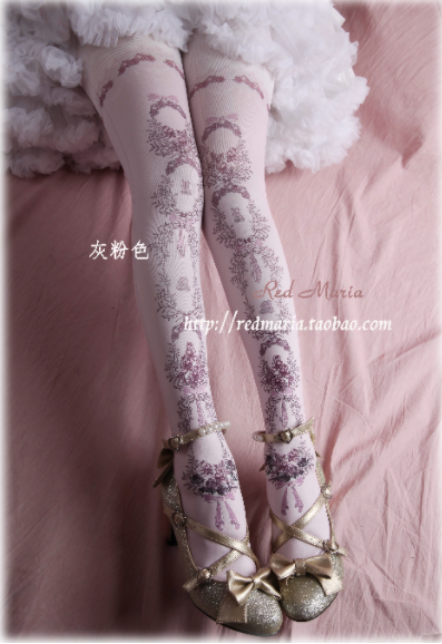 Red Maria~Rose Print 120D Velvet Lolita Tights free size pink (grey pink) 