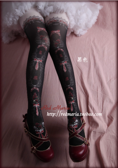 Red Maria~Rose Print 120D Velvet Lolita Tights free size black 