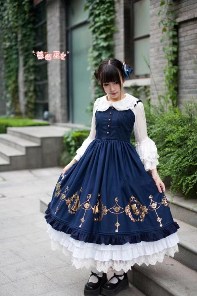 Strawberry Witch - Alice in Wonderland - Classic Lolita JSK Dress Gold Foil Printing S navy blue