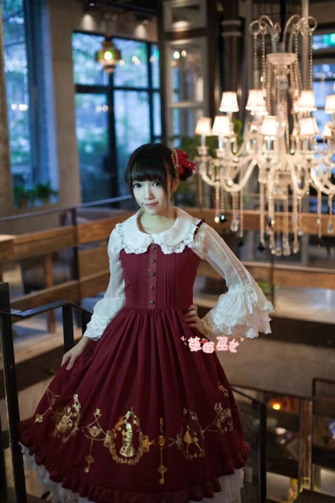 Strawberry Witch - Alice in Wonderland - Classic Lolita JSK Dress Gold Foil Printing S wine red