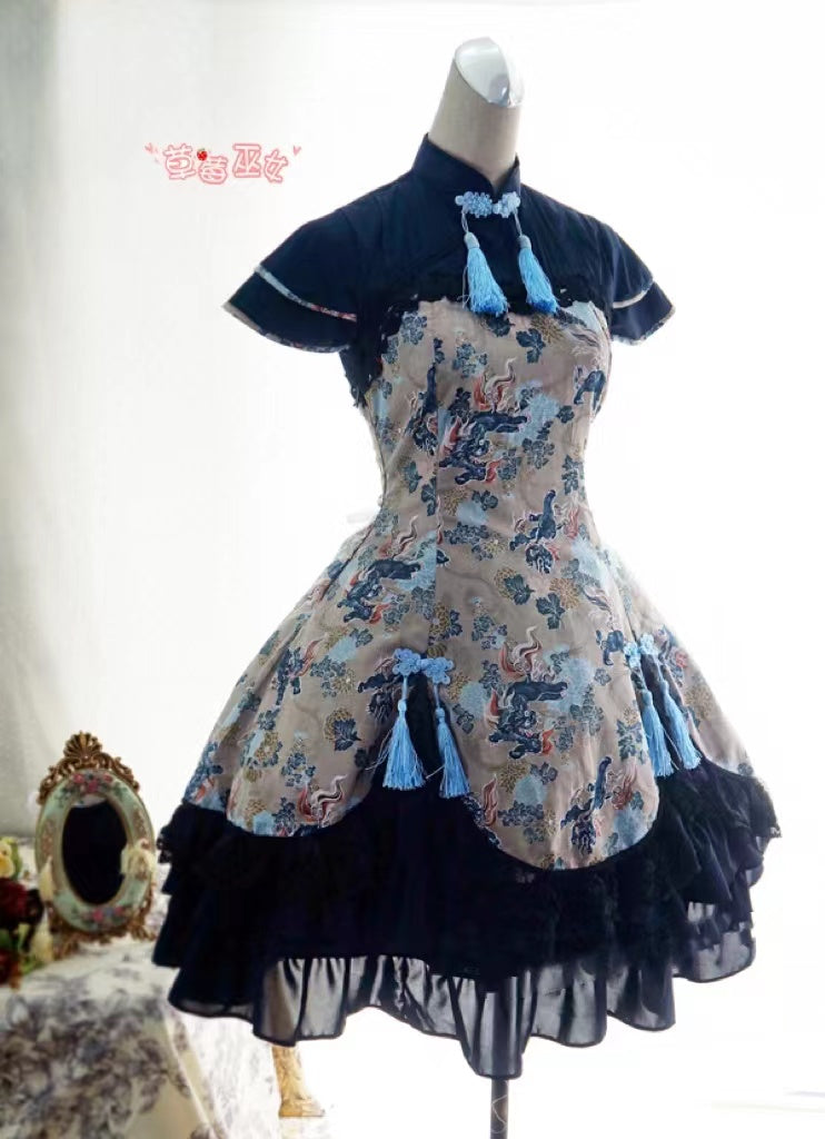 Strawberry Witch~Qi Lolita Style Cotton OP Dress S dark blue (shell sleeve) 