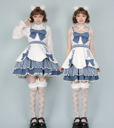 With PUJI~Confession Function~Wool Kawaii Lolita JSK S first snow jsk+bow (green blue color) 