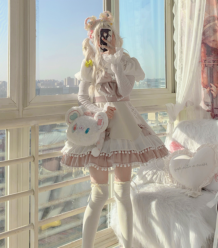 With PUJI~Confession Function~Wool Kawaii Lolita JSK S nectarine jsk+bow (pink color) 