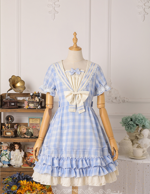 Strawberry Witch~Tartan Lolita OP Dress S light blue grid long sleeves OP 