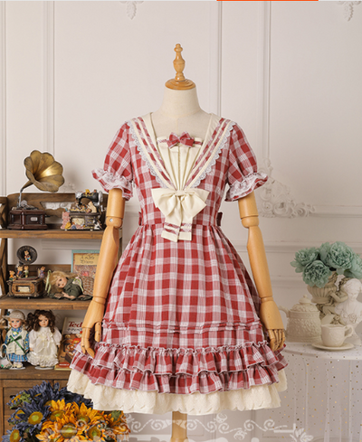 Strawberry Witch~Tartan Lolita OP Dress S wine red grid long sleeves OP 