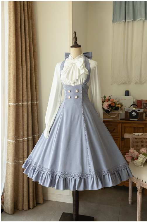 Forest Wardrobe - South of the Forest - Vintage Lolita Halter JSK Dress, French Style Blouse S Light Blue Brushed Fabric JSK
