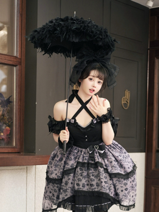 Exquisite Retro Wedding Tiered-Lace Feather Lolita Parasol black  