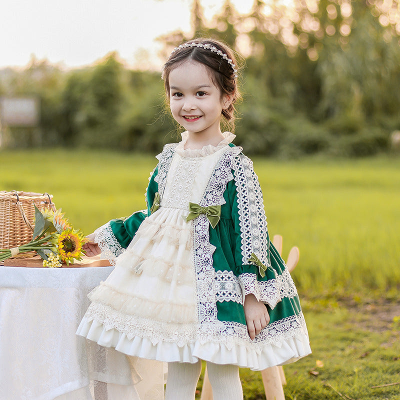 Elegant Kid Lolita Winter Velvet Pincess Dress green 90cm 