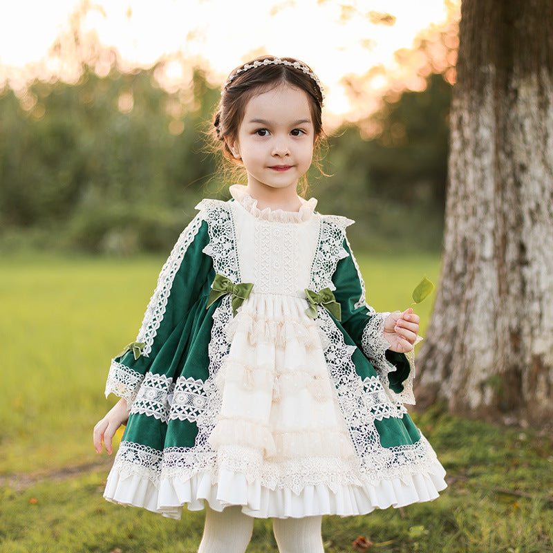 Elegant Kid Lolita Winter Velvet Pincess Dress green 80cm 