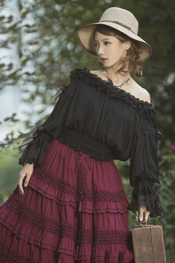 Boguta - Heidi Series - Classic Lace Puff Sleeves Blouse size 2 black