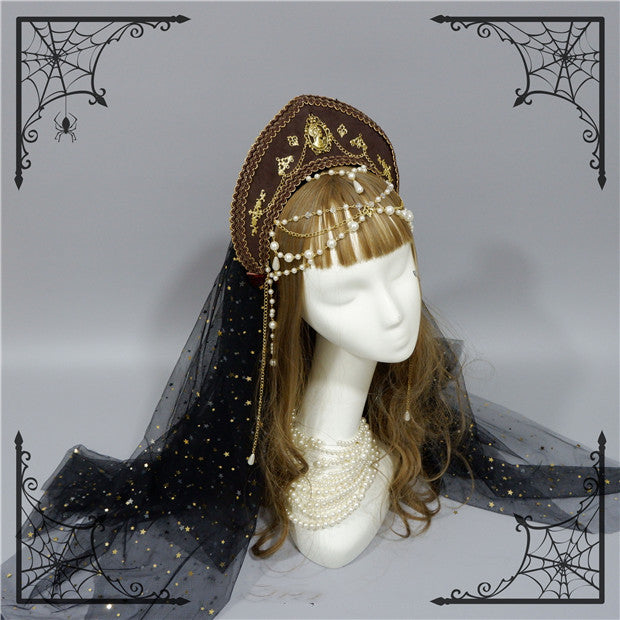 Foxcherry~Retro Lolita Gorgeous Bead Chain Headdress Multicolors black veil  