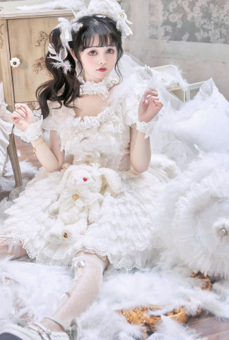 Exquisite Retro Wedding Tiered-Lace Feather Lolita Parasol   