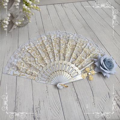 Cocoa Jam- Gothic Lolita Lace Gorgeous Folding Fan white fan+blue rose