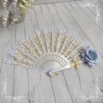 (Buy for me) Cocoa Sauce~Gothic Lolita Lace Gorgeous Folding Fan white fan+blue rose  
