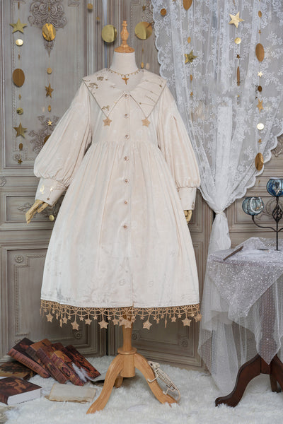 Boguta~Stargazer~French Lolita Winter Velvet OP Dress Free size white dark fringe with gold stars trimming 