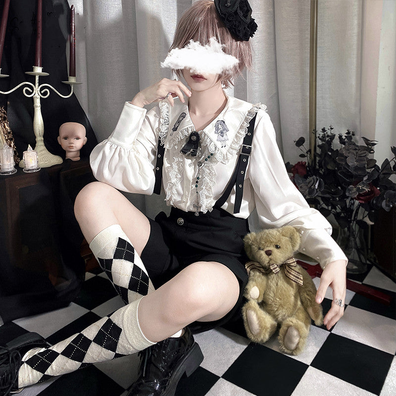 CastleToo - Corroding the Heart - Ouji Lolita Shirt Suspenders Shorts S Black and White Rhombic Calf Socks