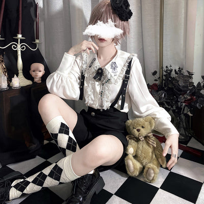 CastleToo~Corroding the Heart~Kodona Fashion Brolita Ouji Prince Shirt Suspenders S black and white rhombic calf socks 