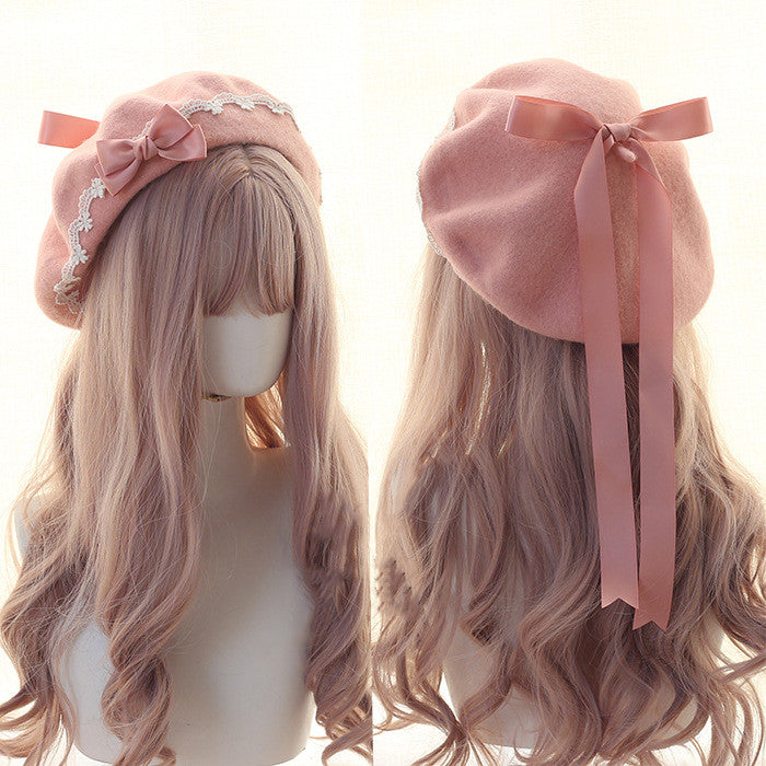 Xiaogui~Japanese Style Sweet Woolen Lolita Lace Beret pink bow (pink hat) more like to magenta  