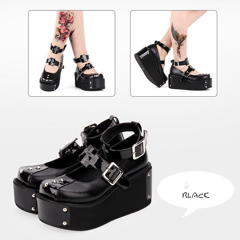 Angelic Imprint ~ Gothic Lolita Punk Platform Shoes 34 black matte 