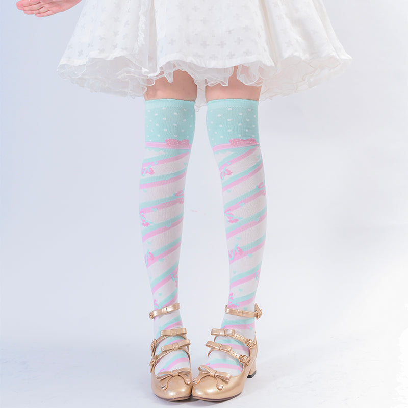Roji roji - Little Candy Cotton Lolita Knee Socks One Size wide green-pink stripe
