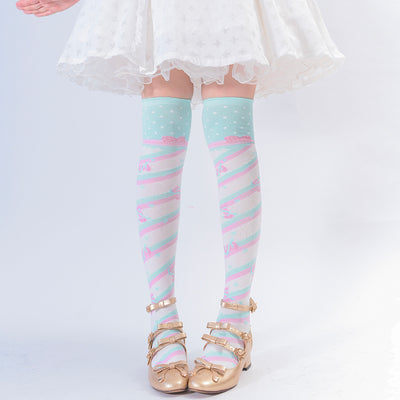 Roji roji~Little Candy Cotton Lolita Knee Socks free size wide green-pink stripe 