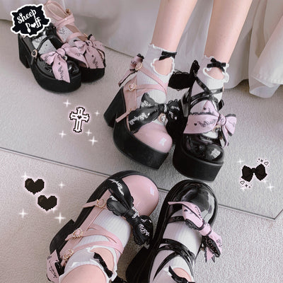 Sheep Puff~Black Pink Japanese Lolita Thick Heel Shoes   