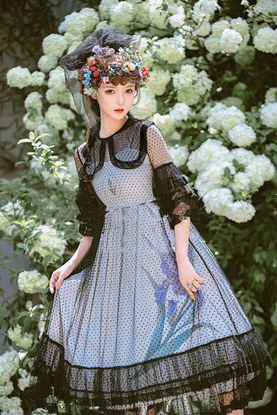 Beleganty~Fleur-de-lis~ Lolita Polka Dot Dress Free size black gauze cover+white dress 