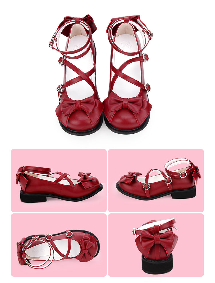 Angelic imprint~Sweet Lolita Bow Shoes Low Heel Round Toe 34 wine red 